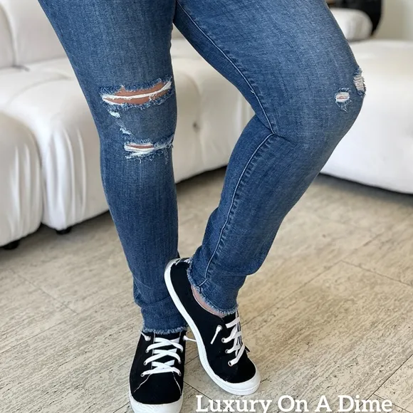 High-Rise Skinny Stretch Distressed Slim Torn Denim Raw Hem Jean Pants Judy Blue