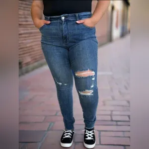 High-Rise Skinny Stretch Distressed Slim Torn Denim Raw Hem Jean Pants Judy Blue