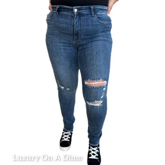 High-Rise Skinny Stretch Distressed Slim Torn Denim Raw Hem Jean Pants Judy Blue