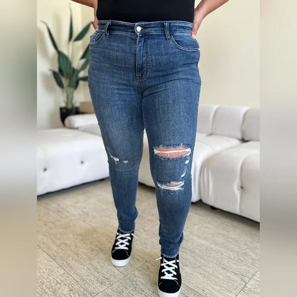 High-Rise Skinny Stretch Distressed Slim Torn Denim Raw Hem Jean Pants Judy Blue