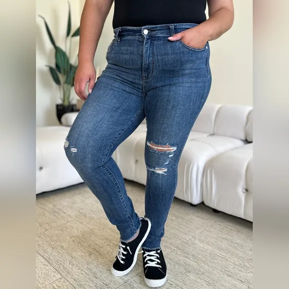 High-Rise Skinny Stretch Distressed Slim Torn Denim Raw Hem Jean Pants Judy Blue
