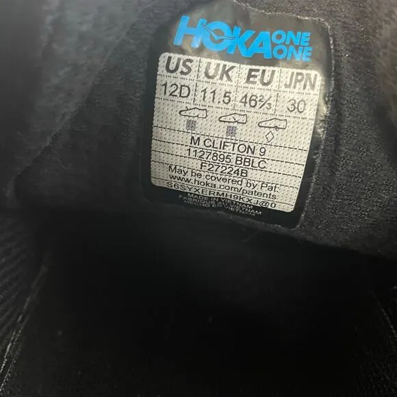 Hoka One One Black Clifton 9 Lace Up Athletic Sneakers Shoes Men’s Size 12 D