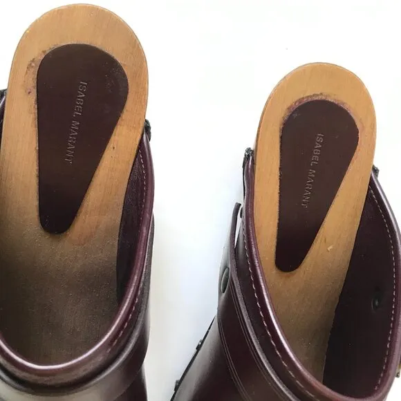 Isabel Marant Titya Clogs Mules Shoes Womens 41 11 Maroon Leather Buckle Detail