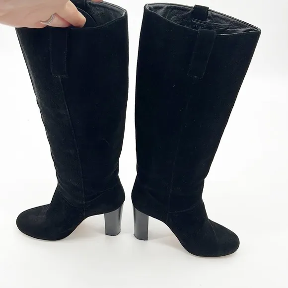 J Crew Bryce Suede Pull-On Knee High Heeled Boots Black size 7 Made in Italy