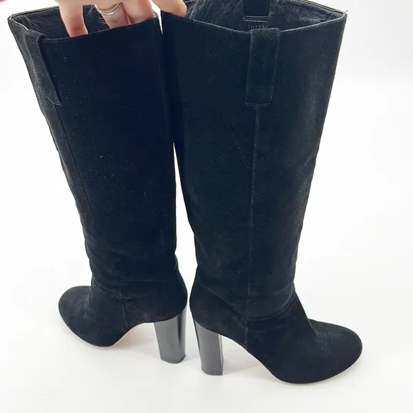 J Crew Bryce Suede Pull-On Knee High Heeled Boots Black size 7 Made in Italy
