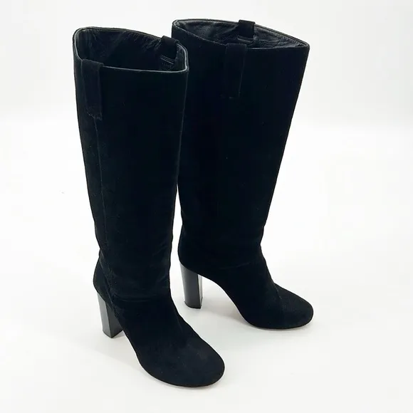 J Crew Bryce Suede Pull-On Knee High Heeled Boots Black size 7 Made in Italy