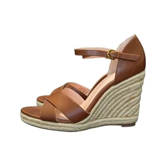 J. Crew Jute Wedge Sandals Leather Brown Open Toe Heels Womens 8.5 Summer Boho