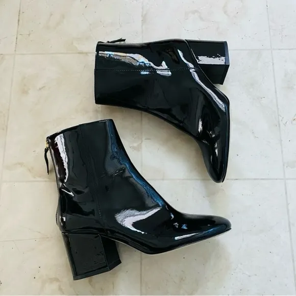 J. Crew Made in Italy Black Patent Leather Block Heels Ankle Boots size 7
