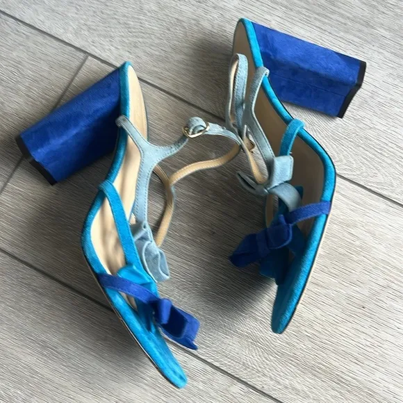 J Crew Stella Blue colorblock bow detail suede block Heels size 9.5