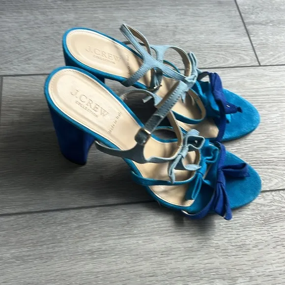 J Crew Stella Blue colorblock bow detail suede block Heels size 9.5