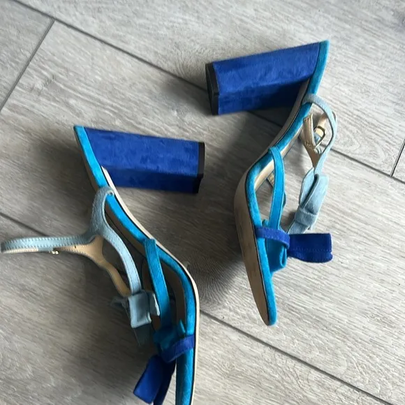 J Crew Stella Blue colorblock bow detail suede block Heels size 9.5