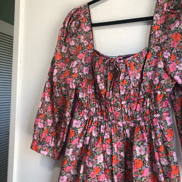 J. Crew x Liberty pink floral ruched mini dress. Size 10. NWT milkmaid vibes