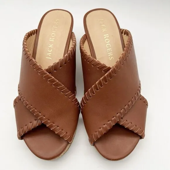JACK ROGERS Sloane Mocha Leather Cork Wedge Criss Cross Sandals Women’s 6.5