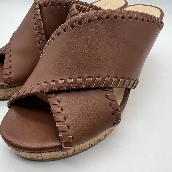 JACK ROGERS Sloane Mocha Leather Cork Wedge Criss Cross Sandals Women’s 6.5