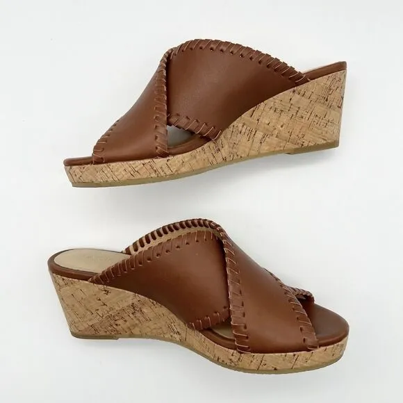 JACK ROGERS Sloane Mocha Leather Cork Wedge Criss Cross Sandals Women’s 6.5
