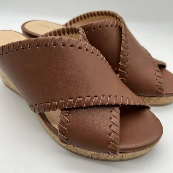 JACK ROGERS Sloane Mocha Leather Cork Wedge Criss Cross Sandals Women’s 6.5