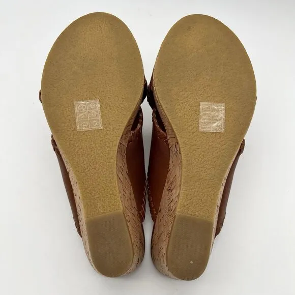 JACK ROGERS Sloane Mocha Leather Cork Wedge Criss Cross Sandals Women’s 6.5
