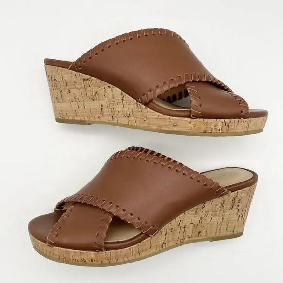JACK ROGERS Sloane Mocha Leather Cork Wedge Criss Cross Sandals Women’s 6.5