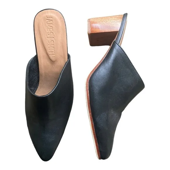 James Smith Le Point Black Leather Mule Slide NWOT