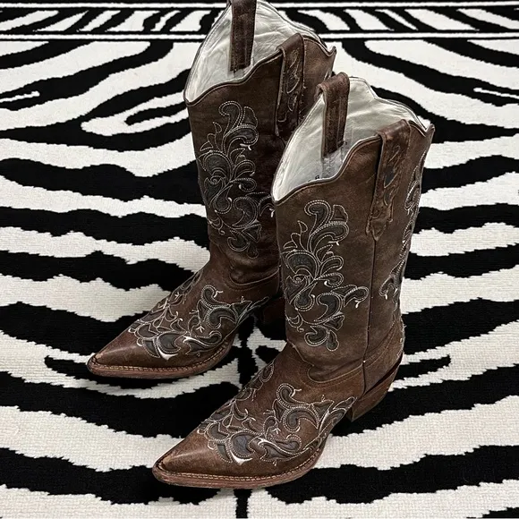 J.B. Dillon Vintage Swirl Heeled Snip Toe Cowboy Western Boots Size 6