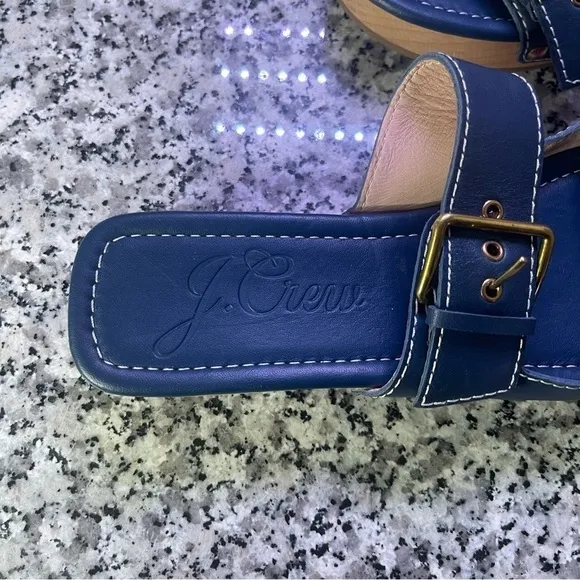 J.Crew | Blue Leather Double Buckle-Strap Sandals Wood Bottom Size 8.5