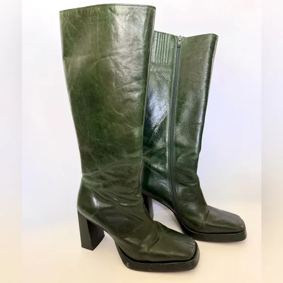 Jeffery Campbell Taysha Tall Leather Green Platform Boho Hippie Knee High Y2K