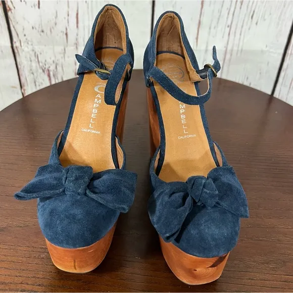 JEFFREY CAMPBELL DAISY D  D’orsay Navy Suede Wedge platforms size 7 EUC