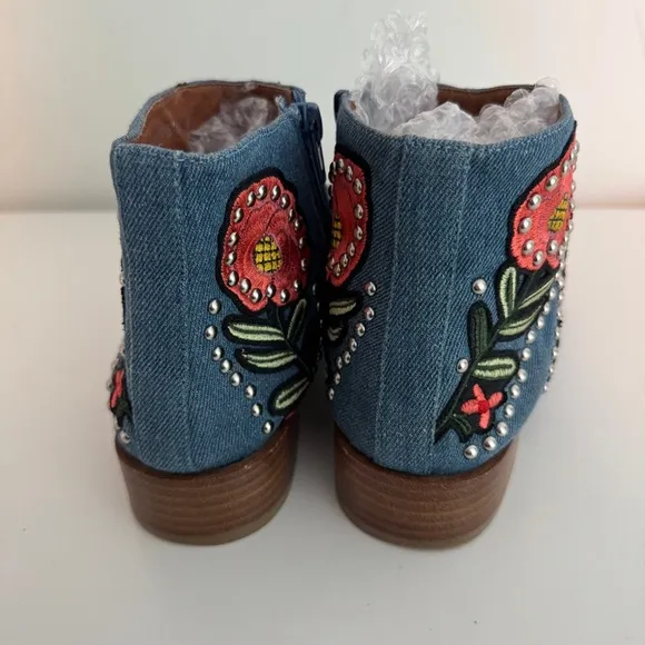 Jeffrey Campbell Embroidered Floral Denim Chambray Ankle Boots 8