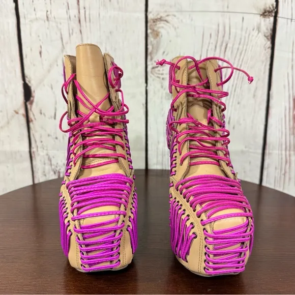 JEFFREY CAMPBELL LITA LACED in Neon Pink &amp; Purple On Tan Leather Ankle Boots 6.5