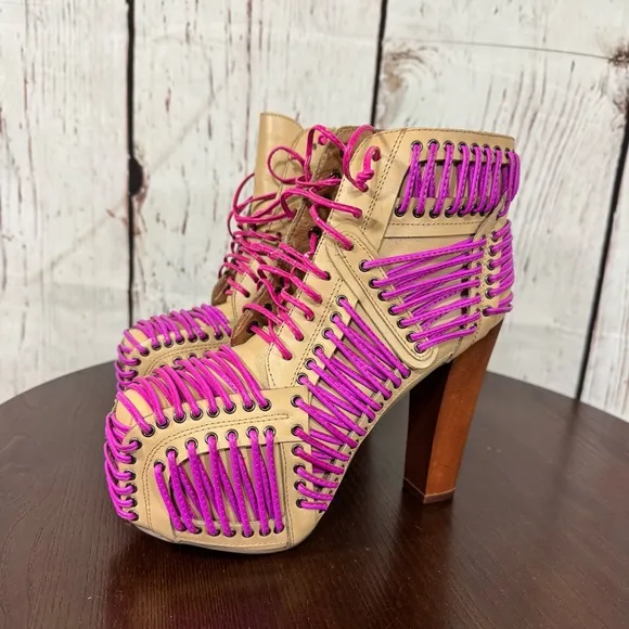 JEFFREY CAMPBELL LITA LACED in Neon Pink &amp; Purple On Tan Leather Ankle Boots 6.5
