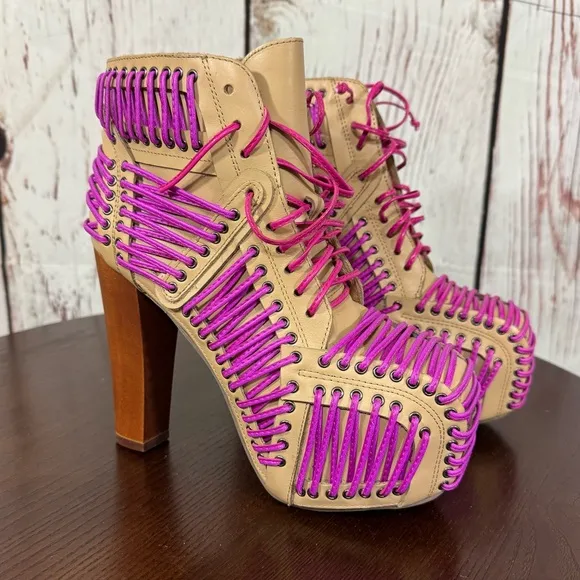 JEFFREY CAMPBELL LITA LACED in Neon Pink &amp; Purple On Tan Leather Ankle Boots 6.5