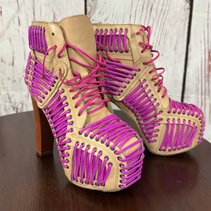 JEFFREY CAMPBELL LITA LACED in Neon Pink &amp; Purple On Tan Leather Ankle Boots 6.5