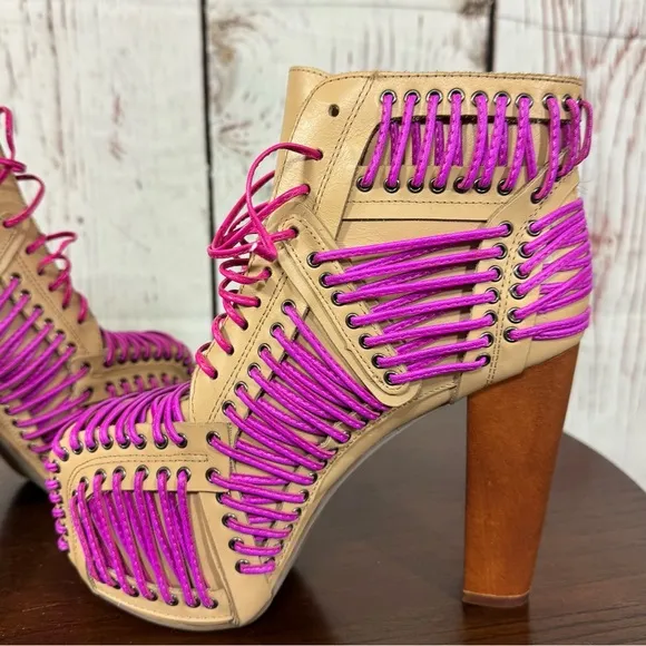 JEFFREY CAMPBELL LITA LACED in Neon Pink &amp; Purple On Tan Leather Ankle Boots 6.5