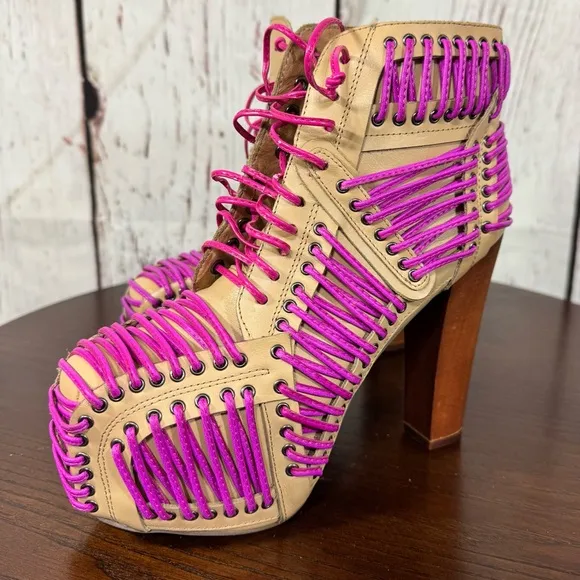 JEFFREY CAMPBELL LITA LACED in Neon Pink &amp; Purple On Tan Leather Ankle Boots 6.5