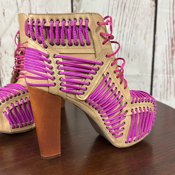 JEFFREY CAMPBELL LITA LACED in Neon Pink &amp; Purple On Tan Leather Ankle Boots 6.5