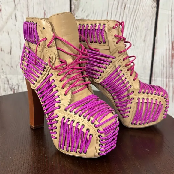 JEFFREY CAMPBELL LITA LACED in Neon Pink &amp; Purple On Tan Leather Ankle Boots 6.5