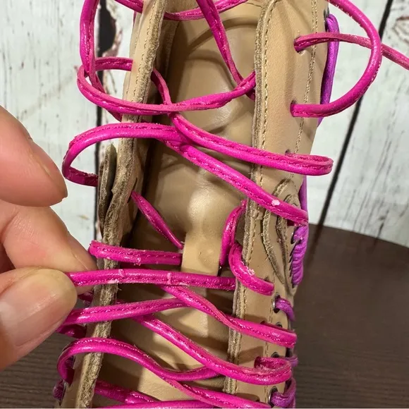 JEFFREY CAMPBELL LITA LACED in Neon Pink &amp; Purple On Tan Leather Ankle Boots 6.5