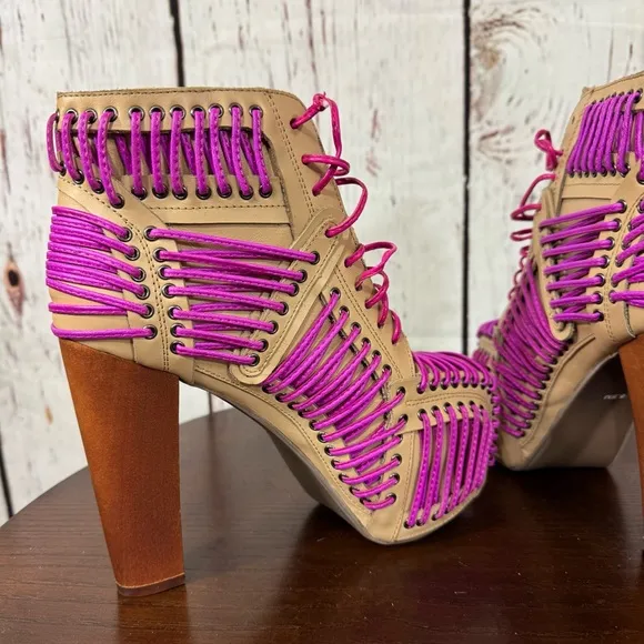 JEFFREY CAMPBELL LITA LACED in Neon Pink &amp; Purple On Tan Leather Ankle Boots 6.5