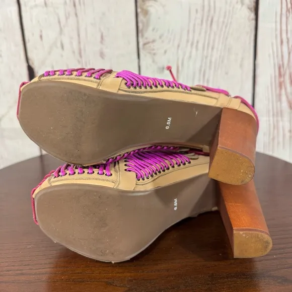 JEFFREY CAMPBELL LITA LACED in Neon Pink &amp; Purple On Tan Leather Ankle Boots 6.5