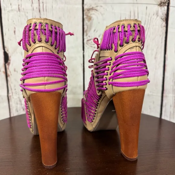JEFFREY CAMPBELL LITA LACED in Neon Pink &amp; Purple On Tan Leather Ankle Boots 6.5