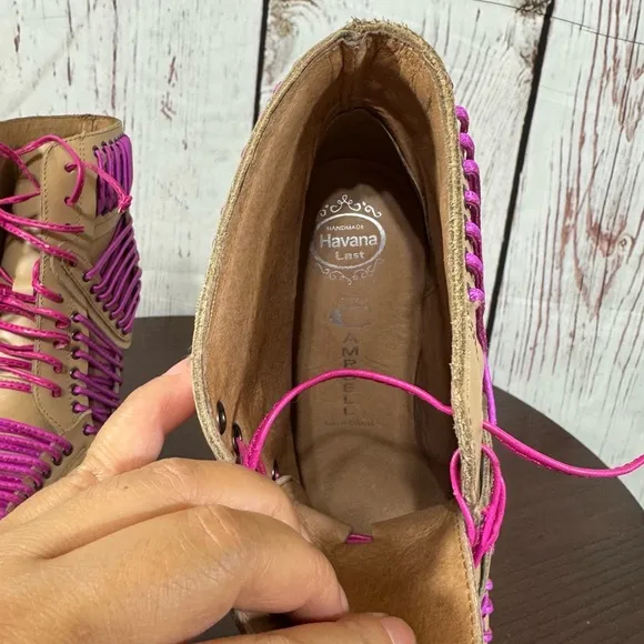 JEFFREY CAMPBELL LITA LACED in Neon Pink &amp; Purple On Tan Leather Ankle Boots 6.5