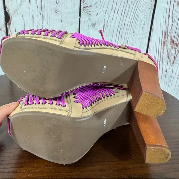 JEFFREY CAMPBELL LITA LACED in Neon Pink &amp; Purple On Tan Leather Ankle Boots 6.5