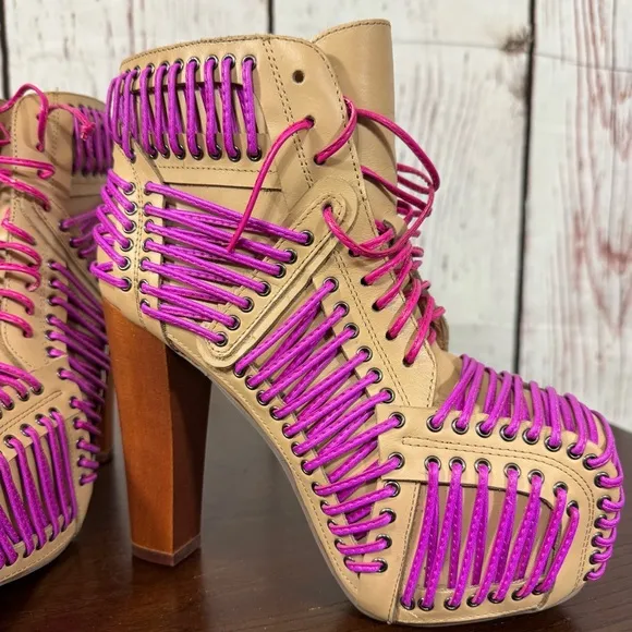 JEFFREY CAMPBELL LITA LACED in Neon Pink &amp; Purple On Tan Leather Ankle Boots 6.5