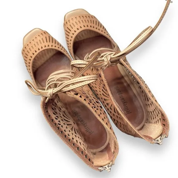 Jeffrey Campbell Rayos High Wedge Nude Tan Leather Perforated Sandals US 10 Boho