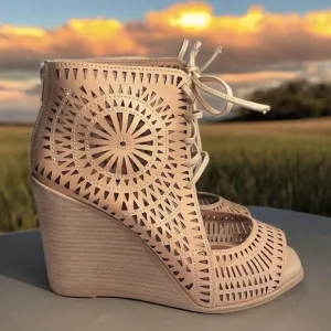 Jeffrey Campbell Rayos High Wedge Nude Tan Leather Perforated Sandals US 10 Boho