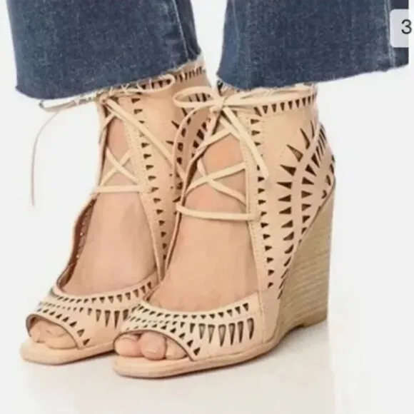 JEFFREY CAMPBELL Tan Suede Rodillo HiWedge Peep Toe Laser Cut Laced Sandals
