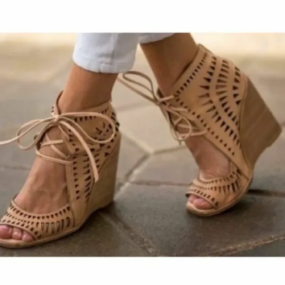 JEFFREY CAMPBELL Tan Suede Rodillo HiWedge Peep Toe Laser Cut Laced Sandals