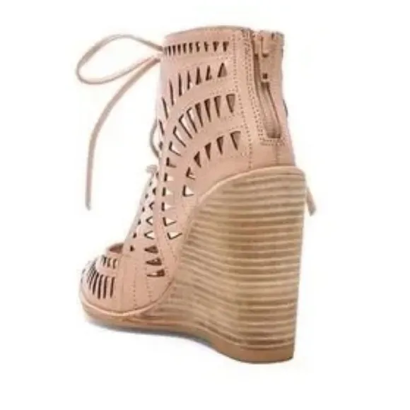 JEFFREY CAMPBELL Tan Suede Rodillo HiWedge Peep Toe Laser Cut Laced Sandals