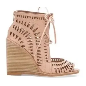 JEFFREY CAMPBELL Tan Suede Rodillo HiWedge Peep Toe Laser Cut Laced Sandals