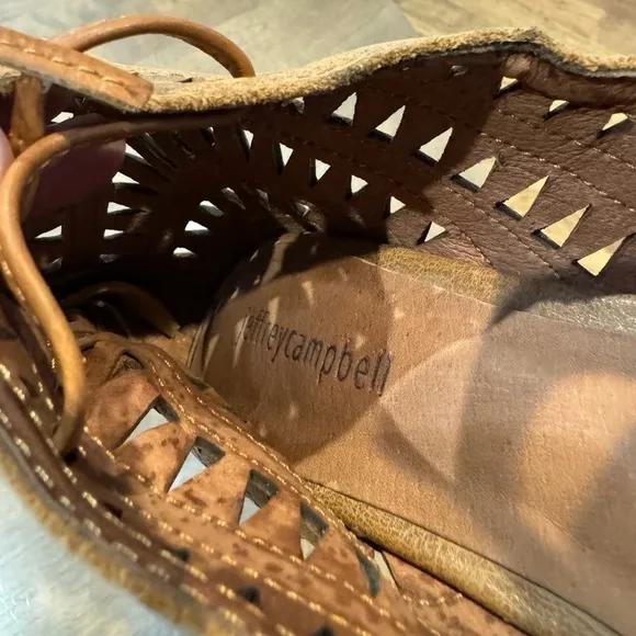 JEFFREY CAMPBELL Tan Suede Rodillo HiWedge Peep Toe Laser Cut Laced Sandals